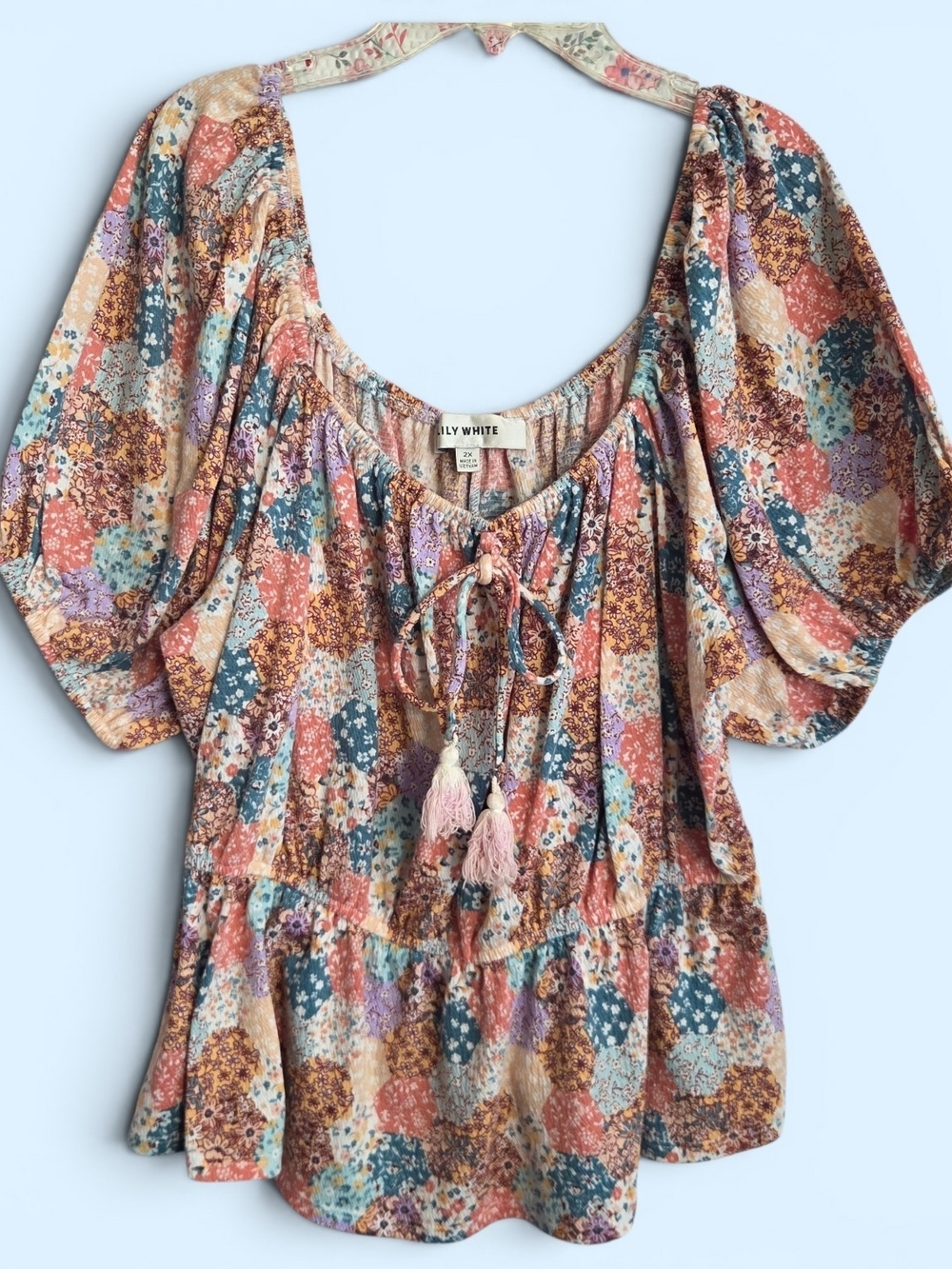 Lily White Multi-Color Floral Patchwork Puff-Sleeve Peasant Blouse